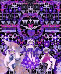3girls abstract abstract_background absurdres animal_ears blonde_hair blue_tabard boku_(isizakitakasi) breasts brown_hair cat_ears cat_girl cat_tail chen choker cleavage dress expressionless fox_girl fox_tail full_body gap_(touhou) hair_between_eyes hair_ribbon hat highres large_breasts long_hair long_sleeves medium_hair mob_cap multiple_girls multiple_tails puffy_sleeves purple_dress purple_eyes red_eyes red_skirt red_vest ribbon shirt skirt smile tabard tail touhou very_long_hair vest white_dress white_shirt yakumo_ran yakumo_yukari yellow_eyes