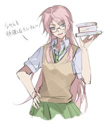 1girl bang_dream! bang_dream!_it&#039;s_mygo!!!!! book brown_sweater_vest chihaya_anon fang glasses green_necktie green_skirt grey_eyes hand_on_own_hip haneoka_school_uniform highres holding holding_book long_hair necktie open_mouth pink_hair school_uniform shiba257 shirt short_sleeves simple_background skirt solo sweater_vest translation_request white_background white_shirt