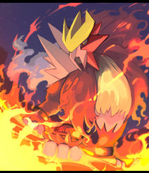 commentary_request entei fire from_below gen_2_pokemon legendary_pokemon looking_down night nintendo no_humans outdoors pokemon pokemon_(creature) red_eyes sky solo standing toes yottur