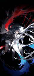 2girls absurdres animal_ears arknights black_background black_footwear black_gloves black_hair black_nails black_pantyhose black_shirt black_thighhighs boots chinese_commentary commentary_request dress fingerless_gloves gauntlets gloves hair_between_eyes highres hug lappland_(arknights) meng_ziya multiple_girls pantyhose shirt tail texas_(arknights) texas_the_omertosa_(arknights) thighhighs white_dress white_hair wolf_ears wolf_girl wolf_tail yellow_eyes yuri