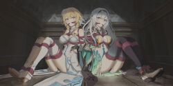 2girls absurdres aqua_skirt aqua_thighhighs arms_behind_back bare_shoulders bdsm black_hairband black_jacket blonde_hair blue_pupils blush bondage boots bound bound_ankles bound_arms bound_legs bound_thighs bound_torso breast_bondage breasts cailin020 cleave_gag cloth_gag company_connection crossover crotch_rope dress firefly_(honkai:_star_rail) flower gag gagged genshin_impact grey_hair hair_between_eyes hair_flower hair_intakes hair_ornament hairband highres honkai:_star_rail honkai_(series) improvised_gag jacket large_breasts long_hair long_sleeves looking_at_another lumine_(genshin_impact) mihoyo multicolored_eyes multiple_girls name_connection neckerchief on_ground orange_neckerchief paid_reward_available panties red_rope restrained rope scarf shibari shibari_over_clothes shirt short_dress short_hair_with_long_locks sidelocks sitting skirt thigh_boots thighhighs two-tone_eyes underwear white_dress white_panties white_scarf yellow_eyes yellow_pupils zettai_ryouiki