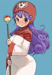 1girl blue_background blush breasts dragon_quest dragon_quest_ii dress holding holding_staff hood hood_up long_hair long_sleeves looking_at_viewer medium_breasts muramasa_mikado princess_of_moonbrook purple_eyes purple_hair red_hood smile square_enix staff standing white_dress wide_hips wide_sleeves
