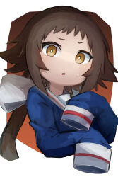 Rule 34 | 1girl, blue shirt, brown eyes, brown hair, cropped torso, hatano kiyoshi, highres, looking at viewer, medium hair, mikakunin de shinkoukei, mitsumine mashiro, ponytail, school uniform, shirt, solo, very long sleeves
