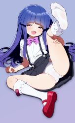 1girl absurdres black_skirt blue_hair blush bow bowtie commentary_request fang feet furude_rika highres higurashi_no_naku_koro_ni loli long_hair looking_at_viewer mary_janes mesugaki panties pink_bow pink_bowtie pink_eyes pleated_skirt purple_background shirt shoes simple_background single_shoe sitting skirt smug solo suspenders umeyanenne underwear white_panties white_shirt