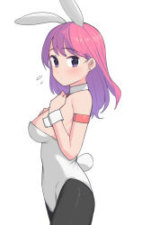 1girl animal_ears armband bare_shoulders black_pantyhose breasts closed_mouth detached_collar dot_mouth earrings extra_ears eyes_visible_through_hair from_side hands_on_own_chest highres jewelry leotard long_hair looking_at_viewer medium_breasts original pantyhose pink_hair playboy_bunny purple_eyes rabbit_ears rabbit_girl rabbit_tail saiste simple_background solo stud_earrings tail white_background white_leotard wrist_cuffs