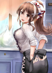 10s 1girl :d absurdres alternate_hairstyle apron ashigara_(kancolle) ashigara_kai_ni_(ichibankuji)_(kancolle) ashigara_kai_ni_(kancolle) black_apron black_skirt brown_eyes brown_hair drawer fang female_focus frilled_apron frills from_behind hairband highres indoors kantai_collection long_hair long_sleeves okitsugu open_mouth ponytail shirt skirt smile solo white_hairband white_shirt