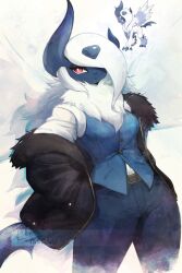1girl :&lt; absol adversarial_noise artist_name asymmetrical_horns belt black_jacket blue_fur blue_horns blue_pants blue_vest body_fur breasts bright_pupils buttons closed_mouth cowboy_shot dated feathered_wings female_focus fur_collar furry furry_female gen_3_pokemon hair_over_one_eye hands_in_pockets horns jacket long_hair looking_at_viewer medium_breasts mega_absol mega_pokemon neck_fur nintendo off_shoulder official_art_inset one_eye_covered open_clothes open_jacket pants personification pokemon pokemon_(creature) red_eyes shirt shirt_tucked_in sidelocks signature solo standing tail thwillartz twitter_username two-tone_fur vest white_background white_fur white_hair white_pupils white_shirt white_wings wings