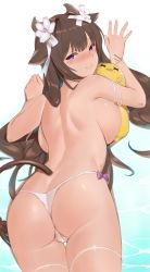 1girl animal_ears ass azur_lane bandaid bandaid_on_head bikini blush breasts brown_hair cow_ears cow_girl cow_horns cow_tail crossed_bandaids flower highres horns huge_breasts kameponde kashino_(azur_lane) kashino_(hot_springs_relaxation)_(azur_lane) long_hair looking_at_viewer looking_back manjuu_(azur_lane) multi-strapped_bikini purple_eyes solo swimsuit tail thong_bikini very_long_hair white_bikini white_flower x_x