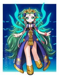 1girl artist_name bare_shoulders blue_dress blunt_bangs braid closed_mouth cyber_elf_(mega_man) deniacp dress female_focus fire_emblem fire_emblem:_three_houses green_eyes green_hair hair_ornament headpiece highres looking_at_viewer matching_hair/eyes mega_man_(series) mega_man_zero_(series) nintendo red_ribbon ribbon short_sleeves smile solo sothis_(fire_emblem) twin_braids white_ribbon