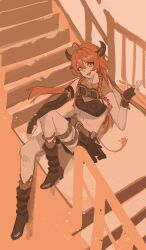 1girl absurdres arknights bandaged_arm bandages bandeau bare_shoulders belt black_bandages black_bandeau black_boots black_gloves black_shorts boots braid breasts brown_belt chinese_commentary commentary cow_girl cow_horns cow_tail croissant_(arknights) croissant_(seeker)_(arknights) crop_top english_commentary fingerless_gloves full_body gloves goggles goggles_around_neck green_eyes highres horns knee_boots long_hair looking_at_viewer medium_breasts midriff mixed-language_commentary navel official_alternate_costume official_alternate_hairstyle open_mouth orange_hair railing short_shorts shorts sitting smile solo stairs tail thighhighs whitebuckleqwq