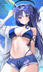 Rule 34 | 1girl, absurdres, adjusting eyewear, alternate costume, alternate hairstyle, bare shoulders, bikini, blue archive, blue bikini, blue nails, denim, denim shorts, eyewear on head, hair between eyes, heart, heart-shaped eyewear, highres, long hair, looking at viewer, mango (mango0208), navel, ponytail, purple eyes, purple hair, shirt, shorts, sidelocks, solo, stomach, swimsuit, torn clothes, torn shorts, white shirt, yuuka (blue archive)