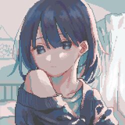 1girl asleep_onthebed bed bedroom black_eyes black_hair black_sweater blue_shirt blunt_bangs curtains highres looking_at_viewer off_shoulder original photo_(object) pixel_art railing shirt short_hair solo sunlight sweater upper_body
