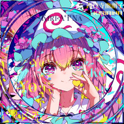 1girl absurdres artist_name closed_mouth colorful hand_on_own_cheek hand_on_own_face hat heart heart_in_eye highres kiriaina looking_at_viewer mob_cap pink_hair saigyouji_yuyuko solo symbol_in_eye touhou triangular_headpiece