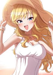 1girl bare_shoulders blonde_hair blue_eyes blush breasts cleavage collarbone dress hat highres idolmaster idolmaster_cinderella_girls long_hair looking_at_viewer medium_breasts niban_(puka_0507) ohtsuki_yui open_mouth smile solo sun_hat wavy_hair wavy_sidelocks white_dress