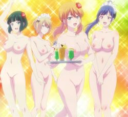 4girls anime_screenshot breasts completely_nude highres hououji_akane large_breasts megami_no_cafe_terrace multiple_girls noguchi_masatsune_(anime_character_design) nude nude_filter ono_shiragiku pussy seo_kouji stitched third-party_edit tsukishima_riho tsuruga_ami twintails uncensored