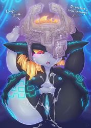 Rule 34 | 1girl, abstract background, absurdres, anus, ass, blonde hair, breasts, bukkake, clitoral hood, colored sclera, cum, cum in pussy, cum on body, cum on breasts, cum on lower body, cum on upper body, dimwitdog, facial, fat mons, feet, flexible, glowing lines, glowing nipples, helmet, highres, large breasts, legs up, looking down, midna, navel, nintendo, nipples, nude, plump, presenting, presenting anus, presenting pussy, pussy, red eyes, sitting, the legend of zelda, the legend of zelda: twilight princess, thick thighs, thighs, uncensored, yellow sclera