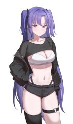 1girl absurdres black_jacket black_shorts black_shrug blue_archive breasts cleavage closed_mouth collarbone contrapposto cowboy_shot crop_top expressionless hair_ornament halterneck hand_in_pocket highleg highres jacket long_hair looking_at_viewer medium_breasts micro_shorts midriff navel no_halo off_shoulder open_clothes open_jacket panty_straps parted_bangs purple_eyes purple_hair seungju short_shorts short_sleeves shorts shrug_(clothing) simple_background single_thighhigh skindentation sleeveless solo sports_bra standing stomach thigh_strap thighhighs thighs two_side_up unfinished very_long_hair white_background white_sports_bra yuuka_(blue_archive)