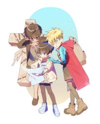 1girl 2boys :o absurdres aged_down arm_on_another&#039;s_head backpack bag beret black_hair black_jacket blonde_hair blue_eyes brown_bag brown_footwear brown_shorts candy coat cross_punisher earrings fingerless_gloves food full_body gloves gradient_background grey_shirt halftone hand_on_another&#039;s_shoulder hat highres holding holding_candy holding_food holding_lollipop holding_map hood hooded_coat jacket jewelry large_cross lollipop looking_at_object map meryl_stryfe multiple_boys nicholas_d._wolfwood open_clothes open_coat open_jacket oval_background prosthesis prosthetic_arm red_coat round_eyewear shirt short_hair shorts sunglasses trigun trigun_maximum undercut vash_the_stampede ware9ouse white_footwear white_jacket
