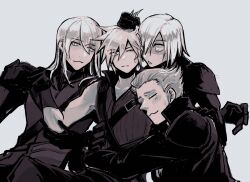 4boys armor black_bodysuit black_gloves blush_stickers bodysuit brothers cheek-to-cheek cheppo closed_eyes cloud_strife commentary english_commentary final_fantasy final_fantasy_vii final_fantasy_vii_advent_children gloves grabbing_another&#039;s_hair grey_background hand_on_another&#039;s_arm hand_on_another&#039;s_chest hand_up heads_together high_collar highres holding_hands hug kadaj light_frown light_smile limited_palette long_hair long_sleeves love_triangle loz male_focus multiple_boys one_eye_closed open_mouth pauldrons short_hair shoulder_armor shoulder_strap siblings simple_background sleeveless sleeveless_turtleneck slit_pupils smile spiked_hair sweatdrop turtleneck turtleneck_bodysuit upper_body waist_hug white_eyes wide-eyed yaoi yazoo