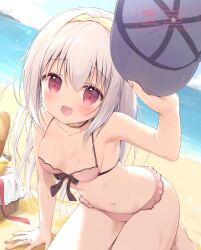 1girl :d arm_support bare_arms bare_shoulders baseball_cap beach bikini blue_sky blush breasts cloud collarbone commentary_request day frilled_bikini frills grey_hair grey_hat hair_between_eyes hairband hat highres holding holding_unworn_clothes holding_unworn_hat horizon inae_koron koi_ni_kanmi_o_soete long_hair looking_at_viewer miyasaka_naco navel open_mouth outdoors pink_bikini red_eyes sand sky small_breasts smile solo swimsuit unworn_hat unworn_headwear very_long_hair water yellow_hairband
