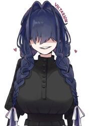 1girl artist_name black_dress black_hair braid breasts commentary dress english_commentary grin hair_intakes hair_over_eyes hair_ribbon heart highres hololive hololive_english large_breasts low_twin_braids no_apron official_alternate_costume ouro_kronii ouro_kronii_(maid) ribbon simple_background smile solo twin_braids victarionsc virtual_youtuber white_background white_ribbon