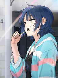 1girl black_shirt blue_hair blue_jacket blurry blurry_background bocchi_the_rock! brushing_teeth commentary_request dress_shirt flag_print funi_mu9 highres hood hooded_jacket indoors jacket medium_hair mole mole_under_eye multicolored_jacket open_clothes open_jacket open_mouth shirt sidelocks solo sunlight transgender_flag transgender_flag_print upper_body yamada_ryo yellow_eyes