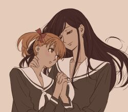 2girls 55bata6rou bad_link black_hair bow bright_pupils brown_eyes fukuzawa_yumi hair_bow height_difference highres holding_hands long_hair looking_at_another maria-sama_ga_miteru multiple_girls ogasawara_sachiko orange_eyes orange_hair red_ribbon ribbon sailor_collar school_uniform serafuku short_twintails simple_background twintails yuri