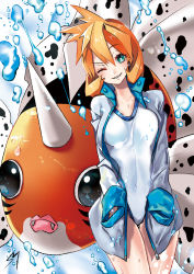 1girl breasts gen_1_pokemon green_eyes gym_leader impossible_clothes impossible_swimsuit jacket legs misty_(pokemon) nintendo one-piece_swimsuit one_eye_closed open_clothes open_jacket orange_hair poke_ball pokemon pokemon_(creature) pokemon_hgss sarusaru_naoto seaking short_hair small_breasts smile solo spread_legs starmie swimsuit white_one-piece_swimsuit wink