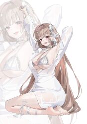 Rule 34 | 1girl, absurdres, belt collar, bikini, bra, collar, goddess of victory: nikke, heart collar, highres, horns, lace, lace-trimmed bikini, lace trim, official alternate costume, oversized clothes, oversized shirt, pearl bikini, pink eyes, rinple, shirt, sitting, solo, swimsuit, underwear, viper (nikke), viper (shine of love) (nikke), white background, white bikini, white bra, white collar, white horns