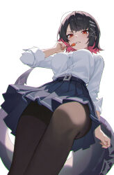 1girl absurdres black_hair black_pantyhose black_skirt breasts candy colored_inner_hair ellen_joe fins fish_tail food from_below hair_ornament highres holding holding_candy holding_food holding_lollipop lollipop long_sleeves looking_at_viewer mole mole_under_eye multicolored_hair nail_polish pantyhose pleated_skirt red_eyes red_hair red_nails school_uniform shali shark_girl shark_tail shirt short_hair skirt solo tail two-tone_hair white_background white_shirt x_hair_ornament zenless_zone_zero