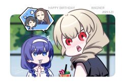 4girls blonde_hair blue_eyes blue_hair blurry blurry_background blush character_name chibi erika_wagner happy_birthday hina_karasu multiple_girls orie_ballardiae_harada red_eyes speech_bubble spoken_character surprised under_night_in-birth