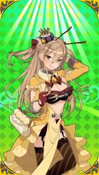 1girl :p :q alternate_costume antennae apron argyle_background arm_up asymmetrical_legwear black_panties blonde_hair blush boots bow bowtie bra breasts brooch brown_eyes brown_hair center_opening checkered_background cleavage closed_mouth cowboy_shot crown detached_collar detached_sleeves dress earrings food frills garter_straps gloves green_background hair_between_eyes hair_bow hair_ornament hair_ribbon hand_up hat heart heart_earrings holding jacket jewelry knee_boots large_breasts leg_up long_hair long_sleeves looking_at_viewer medium_breasts mini_crown mini_hat mini_top_hat mismatched_legwear nana_honeybee one_side_up panties plaid_background puffy_short_sleeves puffy_sleeves ribbon short_sleeves showgirl_skirt sidelocks skirt smile solo standing standing_on_one_leg thighhighs tilted_headwear tongue tongue_out top_hat uchako uchi_no_hime-sama_ga_ichiban_kawaii underwear yellow_dress yellow_eyes yellow_gloves zettai_ryouiki