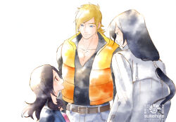Rule 34 | 1girl, 2boys, artist name, asymmetrical bangs, belt, belt buckle, black cardigan, black hair, black shirt, blonde hair, blue eyes, blue pants, brown belt, buckle, cardigan, closed mouth, collarbone, cowboy shot, denim, eyelashes, fresh precure!, from behind, from side, happy, height difference, higashi setsuna, high-waist pants, jacket, jeans, long hair, looking at another, low-tied long hair, low ponytail, minami shun, multiple boys, nishi hayato, open clothes, open jacket, open mouth, pants, pectoral cleavage, pectorals, pocket, pointy nose, ponytail, precure, red eyes, red shirt, shirt, sidelocks, simple background, sleeveless, sleeveless jacket, smile, sukehige, tareme, thick eyebrows, upper body, v-neck, watermark, white background, white jacket, yellow jacket