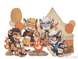 4boys alca_(wakatanka4) alca_the_lion animal_ears bara beard beenic campfire camping dog_boy facial_hair fiery_headphones fire fish_(food) flame-tipped_tail furry furry_male grey_fur gyee holding holding_skewer jaguar_boy lion_boy lion_ears lion_tail male_focus multiple_boys original romg romg_the_jaguar second-party_source short_hair skewer tail tent thick_eyebrows toseii uutiger