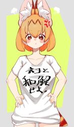 1girl :t anger_vein animal_ear_fluff bad_id bad_twitter_id blush breasts brown_eyes brown_hair clothes_writing female_focus hair_between_eyes hands_on_own_hips highres kemono_friends large_breasts notora serval_(kemono_friends) shirt short_hair solo steam_from_ears t-shirt