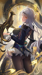 1girl ass bird bird_on_hand black_bird black_jacket black_leotard black_pantyhose breasts chinese_commentary commentary_request floating_hair frilled_leotard frills from_behind hair_ornament hairclip highres jacket large_breasts leotard liu_liaoliao long_hair looking_at_viewer looking_back ofuda pantyhose parted_lips solo white_hair yellow_eyes yixuan_(trails_of_ink)_(zenless_zone_zero) yixuan_(zenless_zone_zero) zenless_zone_zero