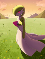 1girl absurdres backlighting bob_cut closed_mouth cloud colored_skin expressionless female_focus flat_chest flower from_side full_body gardevoir gen_3_pokemon gradient_sky grass green_hair green_skin highres kihada_magulo looking_at_viewer mountainous_horizon multicolored_skin nintendo no_feet orange_sky outdoors pokemon pokemon_(creature) red_eyes short_hair sky solo standing sunset two-tone_skin white_skin yellow_flower
