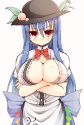 1girl alternate_breast_size blue_hair blush breasts cleavage cleavage_cutout clothing_cutout crossed_arms facominn female_focus food fruit hat highres hinanawi_tenshi large_breasts long_hair looking_at_viewer peach red_eyes simple_background smile solo touhou white_background
