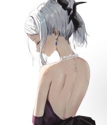 1girl absurdres arm_at_side back back_focus backless_dress backless_outfit bare_back blue_archive closed_eyes closed_mouth commentary demon_horns dress earrings from_behind hair_bun highres hina_(blue_archive) hina_(dress)_(blue_archive) horns jewelry looking_down median_furrow necklace pearl_necklace purple_dress shoulder_blades sidelocks single_hair_bun solo tanac_mangi upper_body white_background white_hair