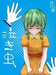 absurdres braid breasts closed_mouth crying dress green_hair gumi highres orange_dress ran_sk red_ribbon ribbon sad small_breasts vocaloid
