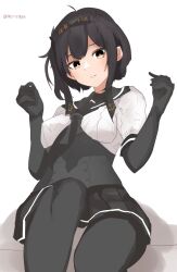 1girl anchor_symbol black_bodysuit black_neckerchief black_sailor_collar blush bodysuit breasts brown_hair clothes_writing corset gloves grey_background hachimaki hair_flaps hairband hatsuzuki_(kancolle) headband highres kantai_collection long_hair looking_at_viewer miron_(mirona33) neckerchief pleated_skirt sailor_collar school_uniform serafuku shadow short_hair sitting skirt small_breasts solo twitter_username yellow_eyes