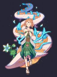 1girl armlet bare_shoulders blonde_hair blue_flower bracelet braid brown_sandals circlet closed_eyes commentary crown_braid dark_background dragon dress earrings eastern_dragon eastern_dragon_horns english_commentary facing_viewer flower full_body green_dress highres jewelry light_dragon_(zelda) nintendo orri_(iirokagi) own_hands_together pointy_ears princess_zelda sandals short_hair silent_princess solo strapless strapless_dress the_legend_of_zelda the_legend_of_zelda:_tears_of_the_kingdom two-tone_dress white_dress
