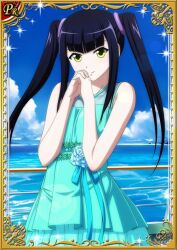 1girl bare_shoulders black_hair card_(medium) closed_mouth cloud day dress feet_out_of_frame female_focus green_eyes ikkitousen long_hair looking_at_viewer outdoors saji_genpou_(true) sky smile solo standing twintails water