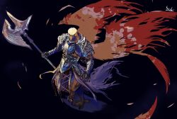 1boy animal_head armor beak bird_boy black_background breastplate elden_ring elden_ring_nightreign feathered_wings guardian_(elden_ring) halberd holding holding_polearm holding_weapon pauldrons polearm shoulder_armor signature simple_background solo vambraces weapon wings yellow_eyes yu-chi_(ahamma)