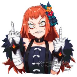 aqua_eyeshadow bandaged_arm bandaged_hand bandages bare_shoulders bow chorvaqueen commission dimple_facial_mark eyeliner eyeshadow facial_mark fire_emblem fire_emblem_engage fur_sleeves long_hair makeup middle_finger nintendo orange_hair panette_(fire_emblem) red_eyeliner short_bangs sidelocks stitched_mouth stitches white_bow yellow_eyes