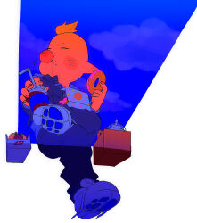 Rule 34 | 1boy, alternate costume, big nose, black jacket, black pants, blonde hair, blue sky, blush stickers, box, buttons, carrot, chewing, closed eyes, cloud, crossed legs, crumbs, cup, disposable coffee cup, disposable cup, donut, drink, drinking straw, eating, expressionless, fingernails, food, from below, full body, gakuran, glutton, highres, holding, holding drink, holding food, invisible chair, jacket, layered sleeves, long sleeves, louie (pikmin), motion lines, nintendo, open clothes, open jacket, pants, pikmin (series), pointy ears, school uniform, shirt, shoes, short hair, sitting, sky, sneakers, solo, very short hair, whipped cream, white background, white shirt, white shoes, yu pikmin