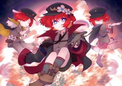 3girls alternate_costume bag black_gloves blowing_whistle blue_eyes boots brown_boots brown_pants brown_vest commentary cross-shaped_pupils epaulettes floating floral_print gloves hat highres honkai:_star_rail honkai_(series) jacket looking_at_viewer military_hat military_jacket military_uniform multiple_girls pants pointy_ears reaching reaching_towards_viewer red_hair red_shorts short_hair shorts smile symbol-only_commentary symbol-shaped_pupils szpw_nmh3 trianne_(honkai:_star_rail) tribbie_(honkai:_star_rail) trinnon_(honkai:_star_rail) triplets vest