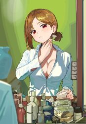 1girl applying_makeup applying_own_makeup bottle breasts brown_hair cleavage collared_shirt cosmetics drawer green_background highres indoors jewelry large_breasts looking_at_mirror makeup mirror nail_polish_bottle original partially_unbuttoned photo_strip ponytail powder powder_puff red_eyes reflection ring sekoshi_(some1else45) shirt short_hair short_ponytail solo some1else45 sunlight vase white_shirt