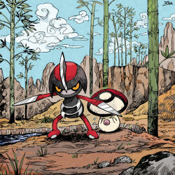&gt;_&lt; bamboo closed_eyes cloud commentary_request creatures_(company) day flying_sweatdrops foongus game_freak gen_5_pokemon nintendo no_humans orange_eyes outdoors oyasuminjyutsu pawniard pokemon pokemon_(creature) protecting rock sky standing water