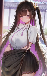 Rule 34 | 1girl, absurdres, black hair, black skirt, blush, breasts, chitose (stella sora), collared shirt, colored inner hair, commission, highres, large breasts, long hair, looking at viewer, mole, mole under eye, multicolored hair, parted lips, pleated skirt, purple eyes, purple hair, rororo, shirt, shirt tucked in, short sleeves, side ponytail, skirt, solo, stella sora, white shirt